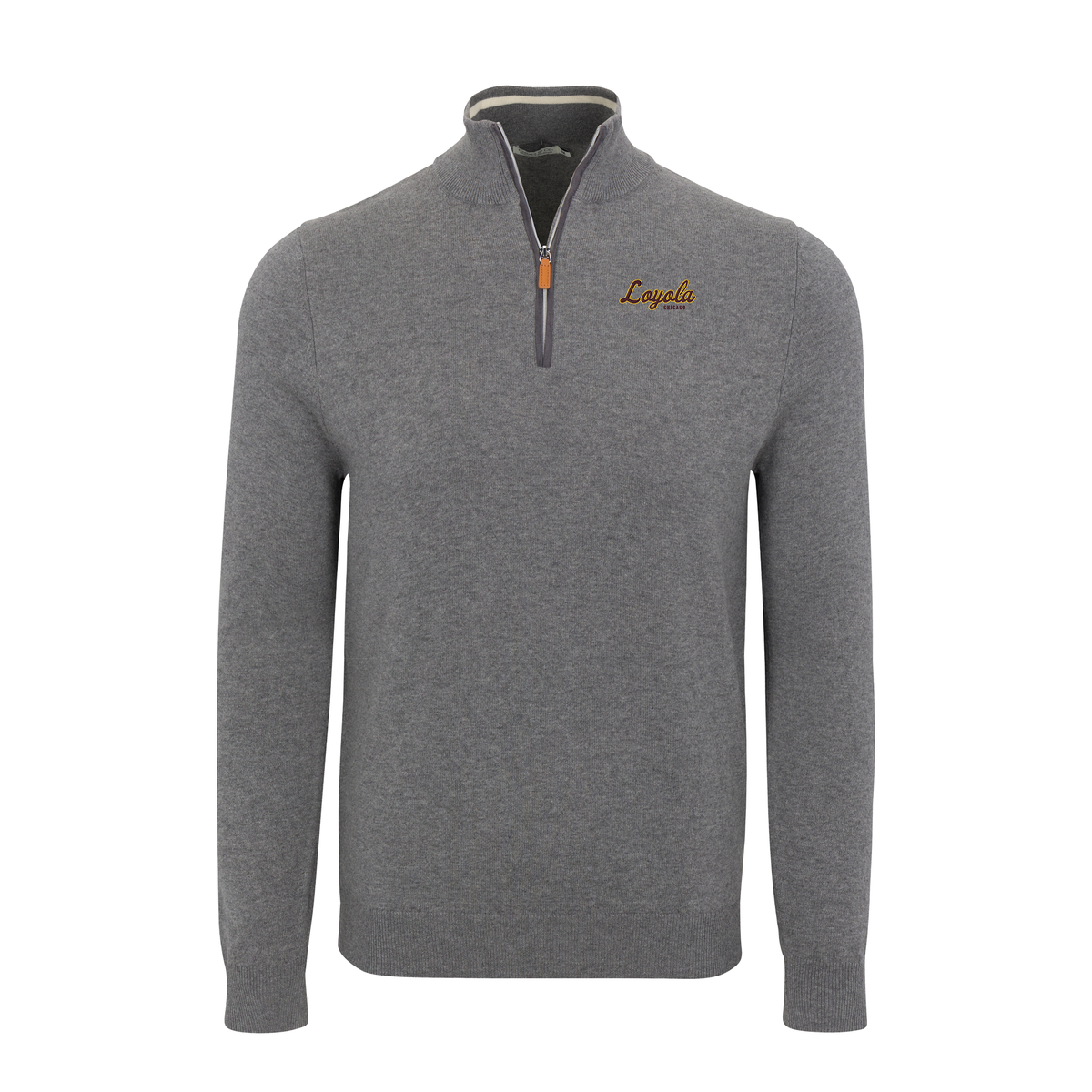 Loyola Chicago Grey with Grey Trim Luxury Touch Cotton and Cashmere Quarter Zip Sweater